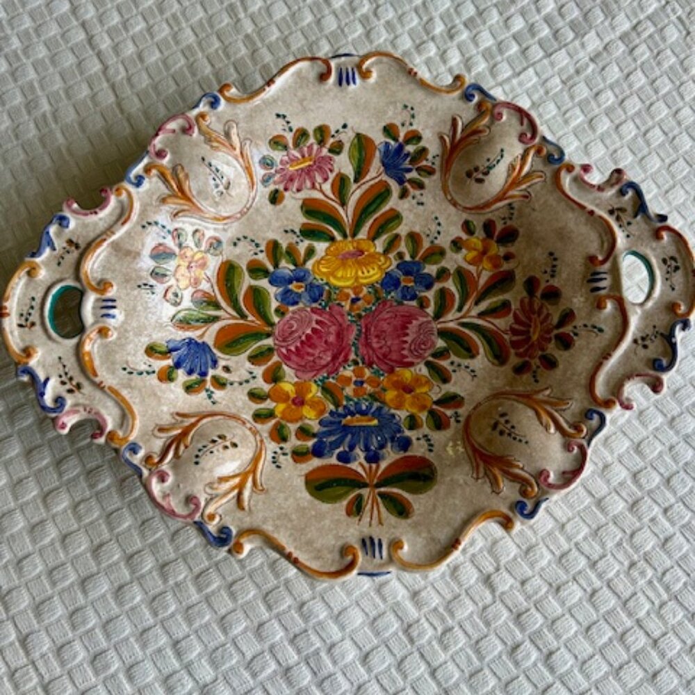 Vintage Deruta Pottery Floral Fluted Edge Shallow Bowl Hand Painted in Italy